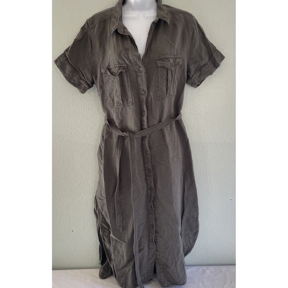 Lucky Brand Army Green Midi Shirt Dress Full Button Short Sleeve Collar Womens L - Picture 1 of 7